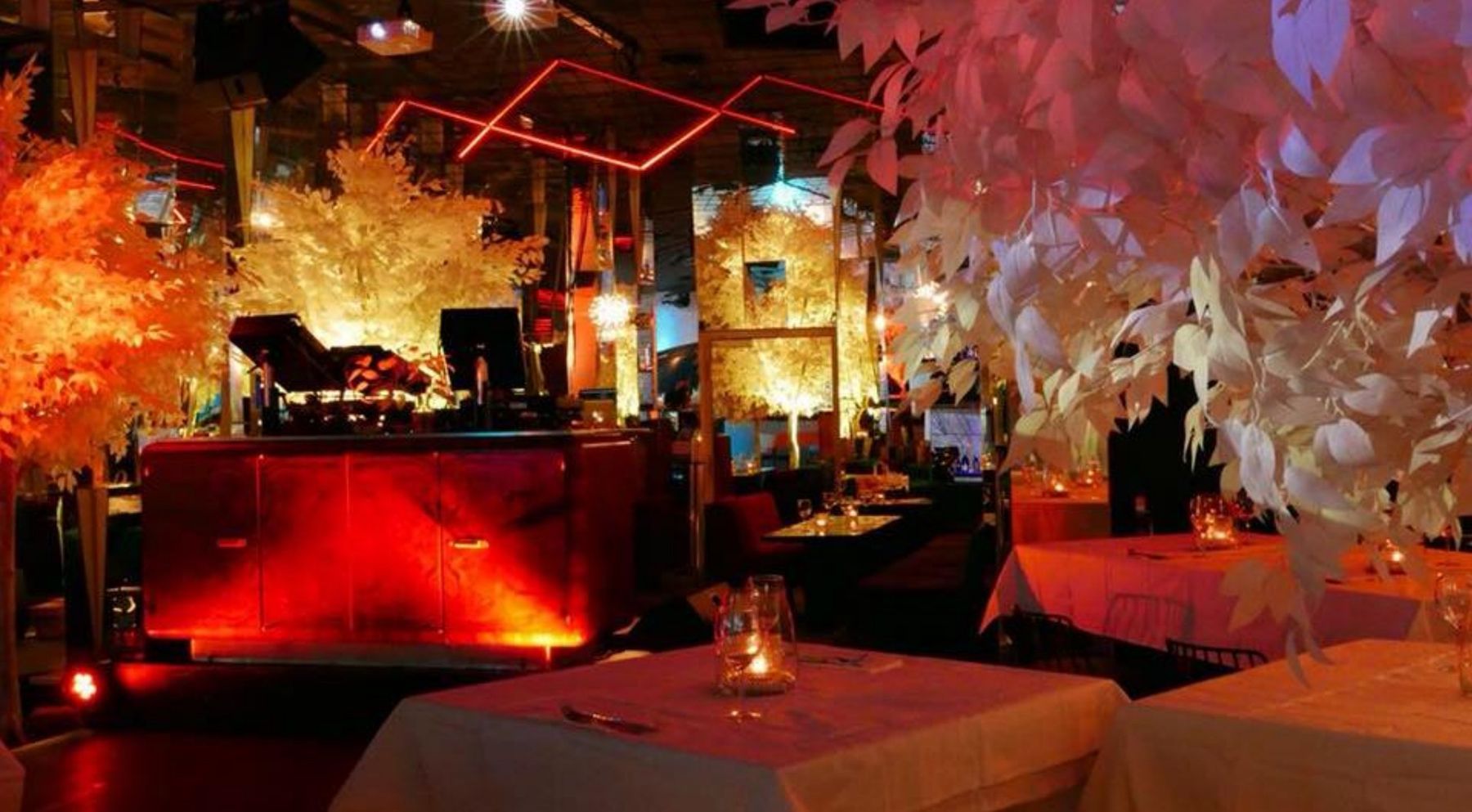 Baby Boa, Geneva: red-lit club with white illuminated trees